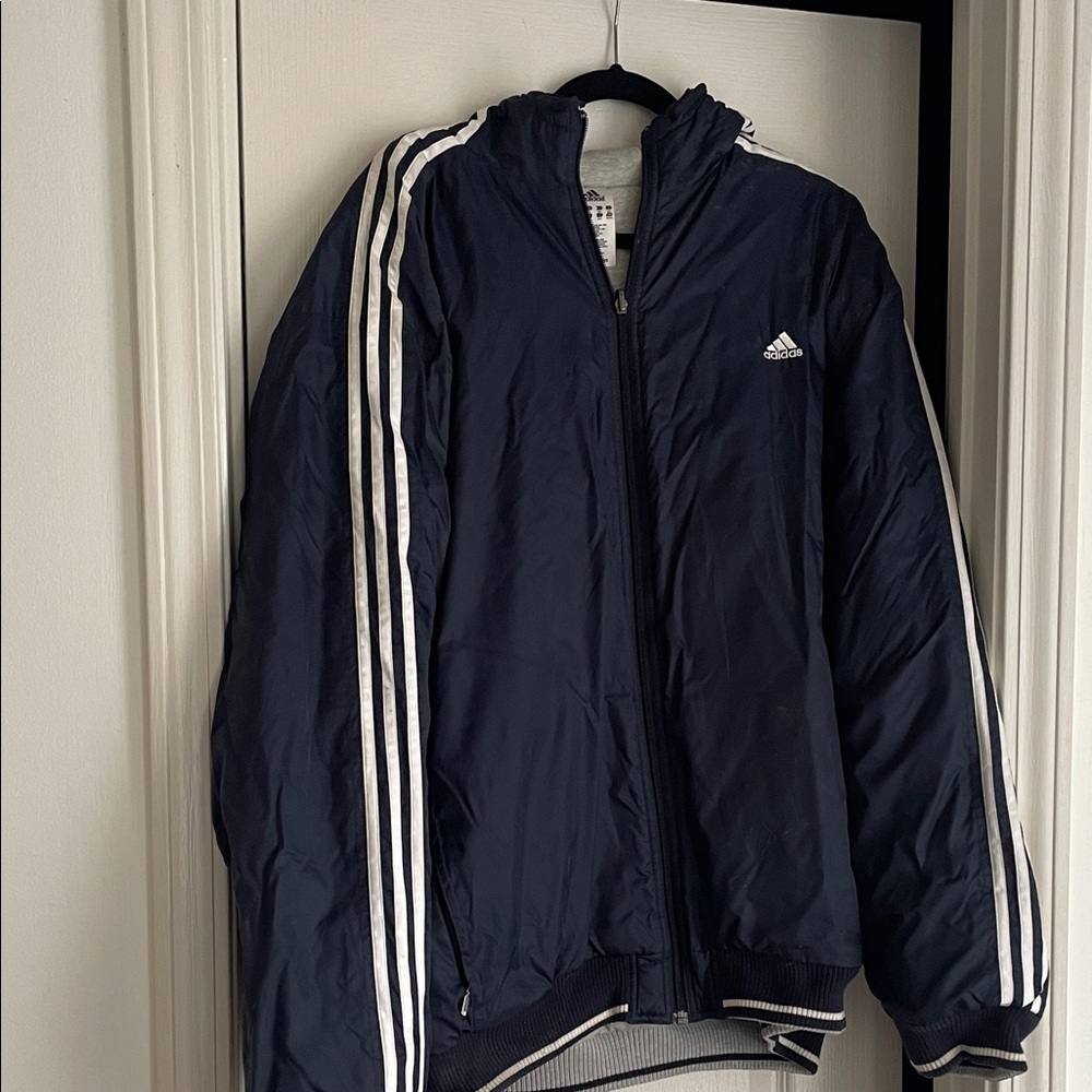 Adidas Men's Dark Blue Windbreaker with White Stripes